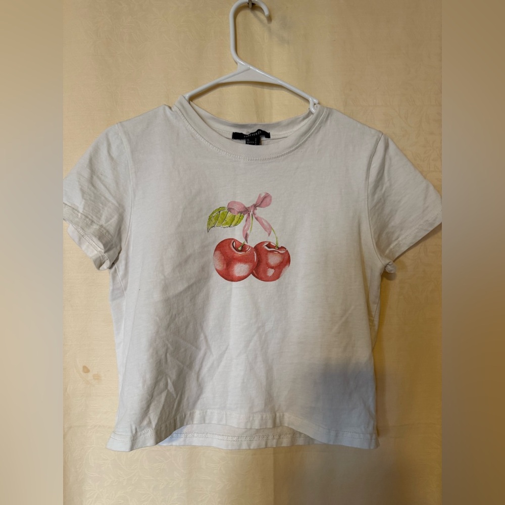 Forever 21 Top, Women’s Small Crop White Cherry and Pink Bow Graphic T-shirt